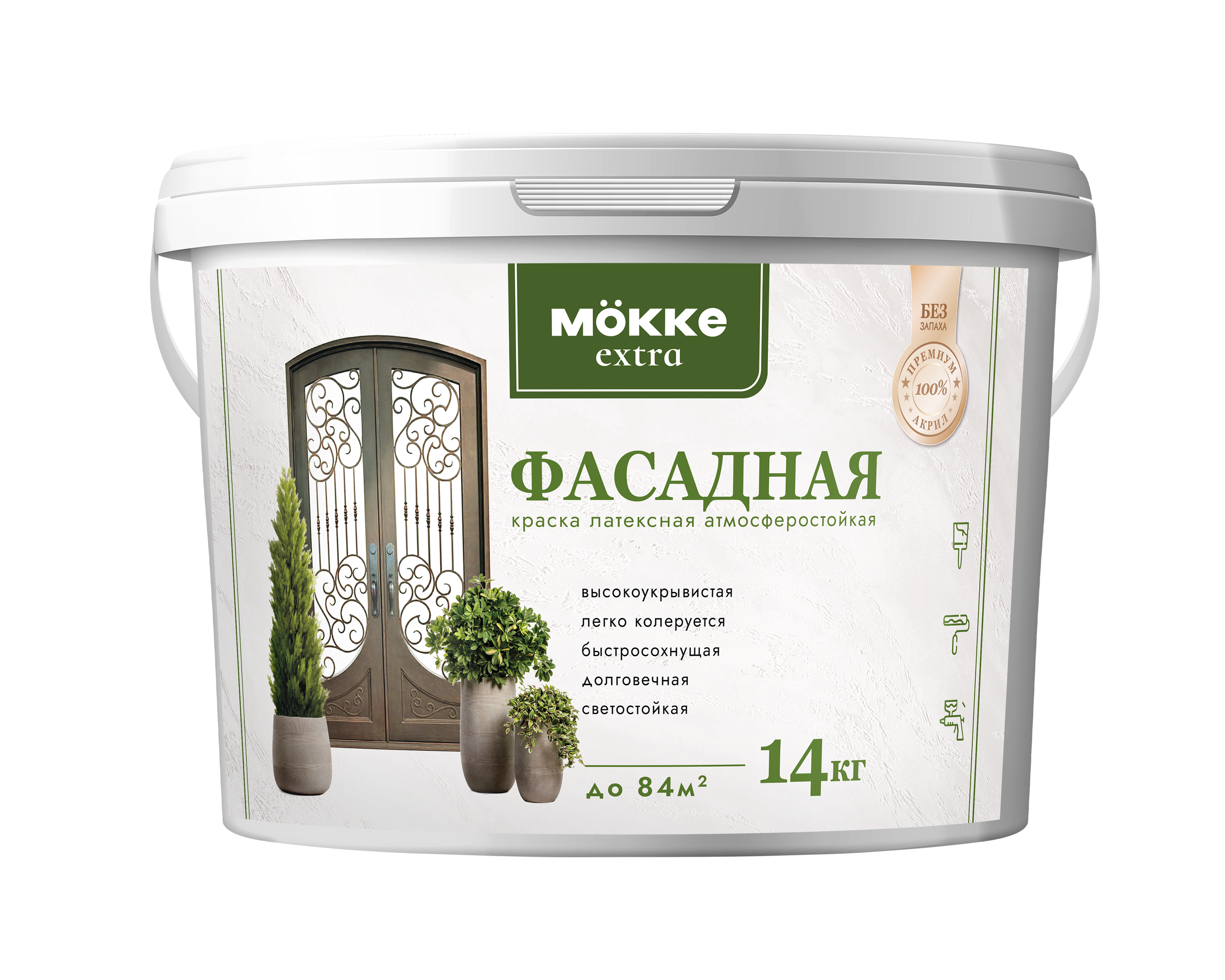 Изображение товара Краска акриловая фасадная MÖKKE Экстра цвет белый база A 14 л Изображение товара Краска акриловая фасадная MÖKKE Экстра цвет белый база A 14 л