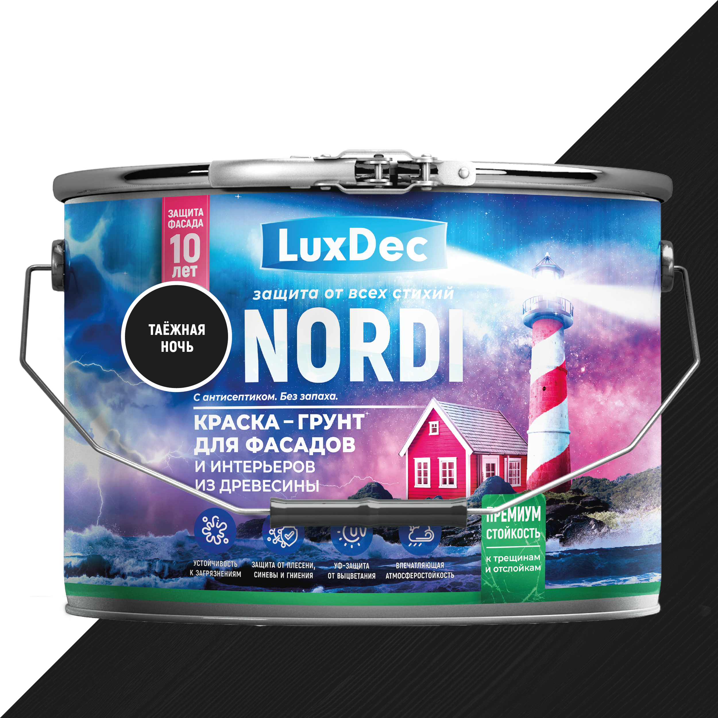 Изображение товара Краска-грунт для фасадов и интерьеров из древесины LuxDec Nordi цвет таежная ночь база 9 л Изображение товара Краска-грунт для фасадов и интерьеров из древесины LuxDec Nordi цвет таежная ночь база 9 л