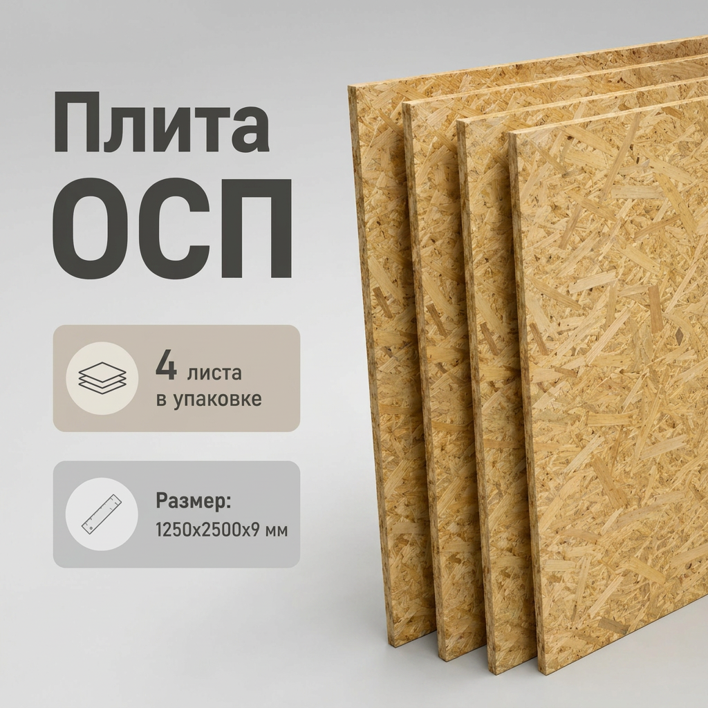 Изображение товара Плита OSB-3 9мм хвоя 2500x1250мм 3.13м² 4шт Изображение товара Плита OSB-3 9мм хвоя 2500x1250мм 3.13м² 4шт