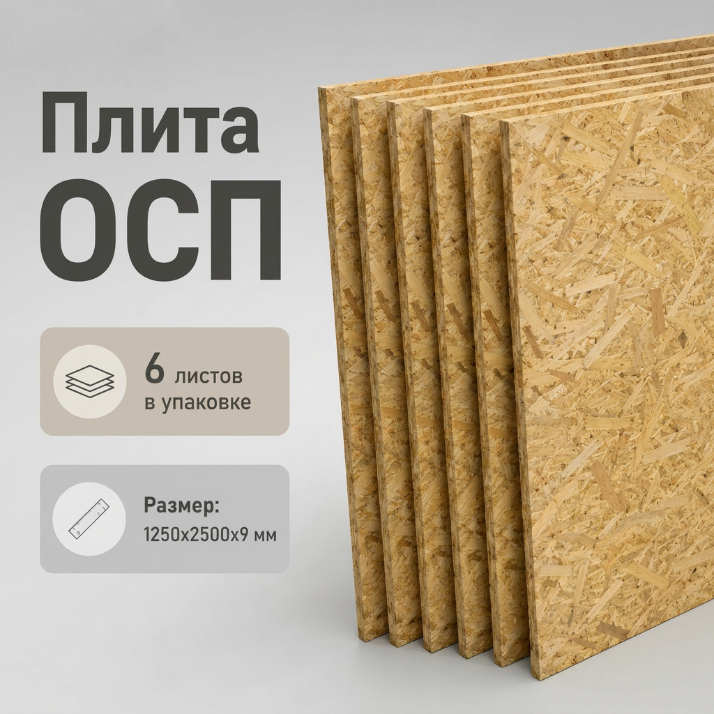 Изображение товара Плита OSB-3 9мм хвоя 2500x1250мм 3.13м² 6шт Изображение товара Плита OSB-3 9мм хвоя 2500x1250мм 3.13м² 6шт