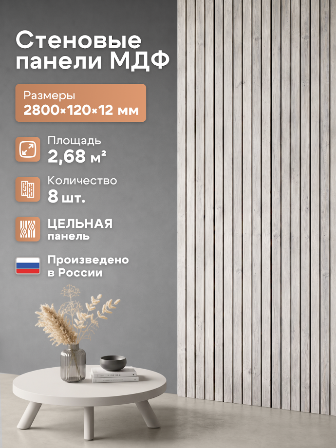 Изображение товара Ламинированная панель МДФ Profbuild Рейка Авеллан муссон 2800x120x12мм 2.688м² цвет серый 8шт Изображение товара Ламинированная панель МДФ Profbuild Рейка Авеллан муссон 2800x120x12мм 2.688м² цвет серый 8шт