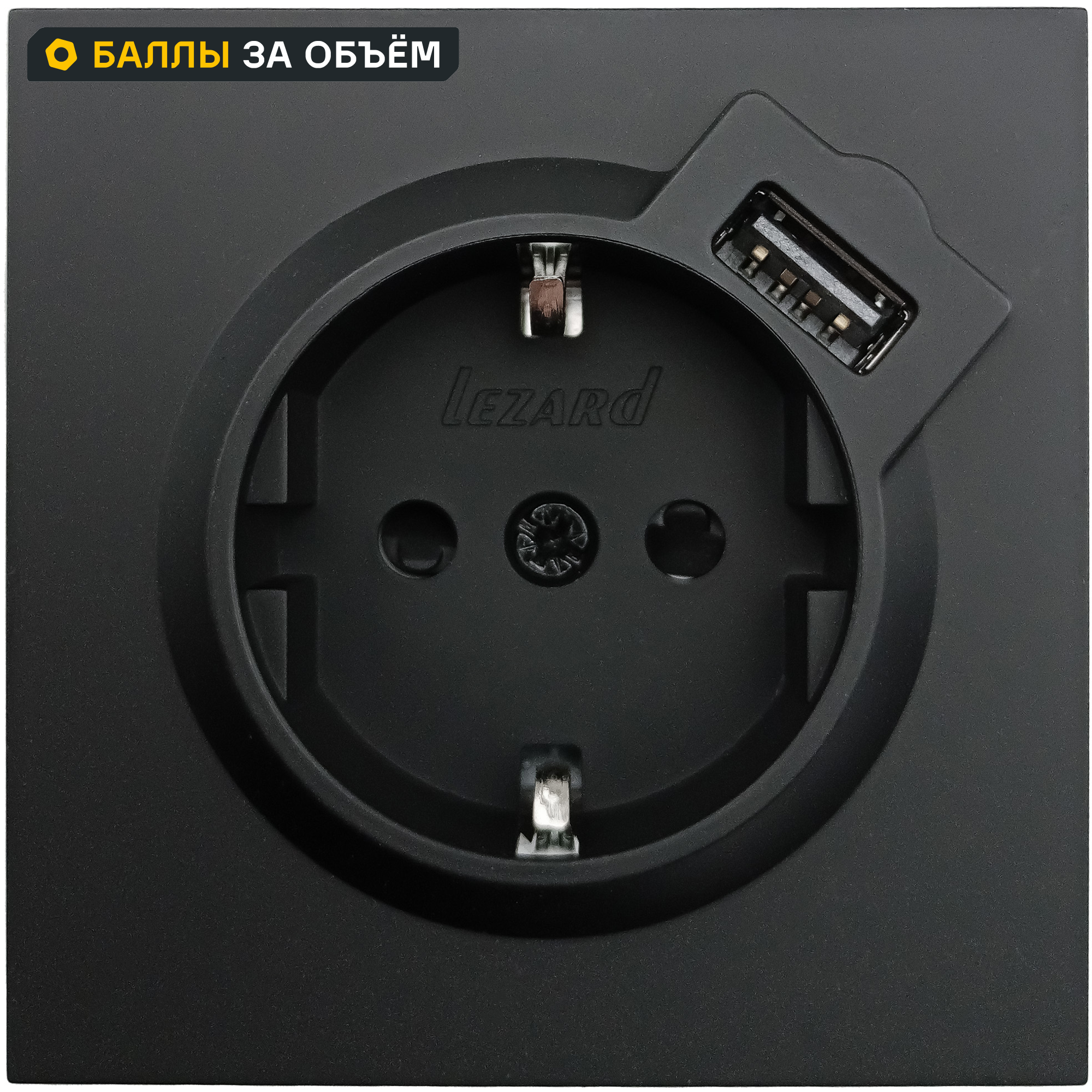 Изображение товара Встраиваемая розетка LEZARD Zima с USB и заземлением черный бархат