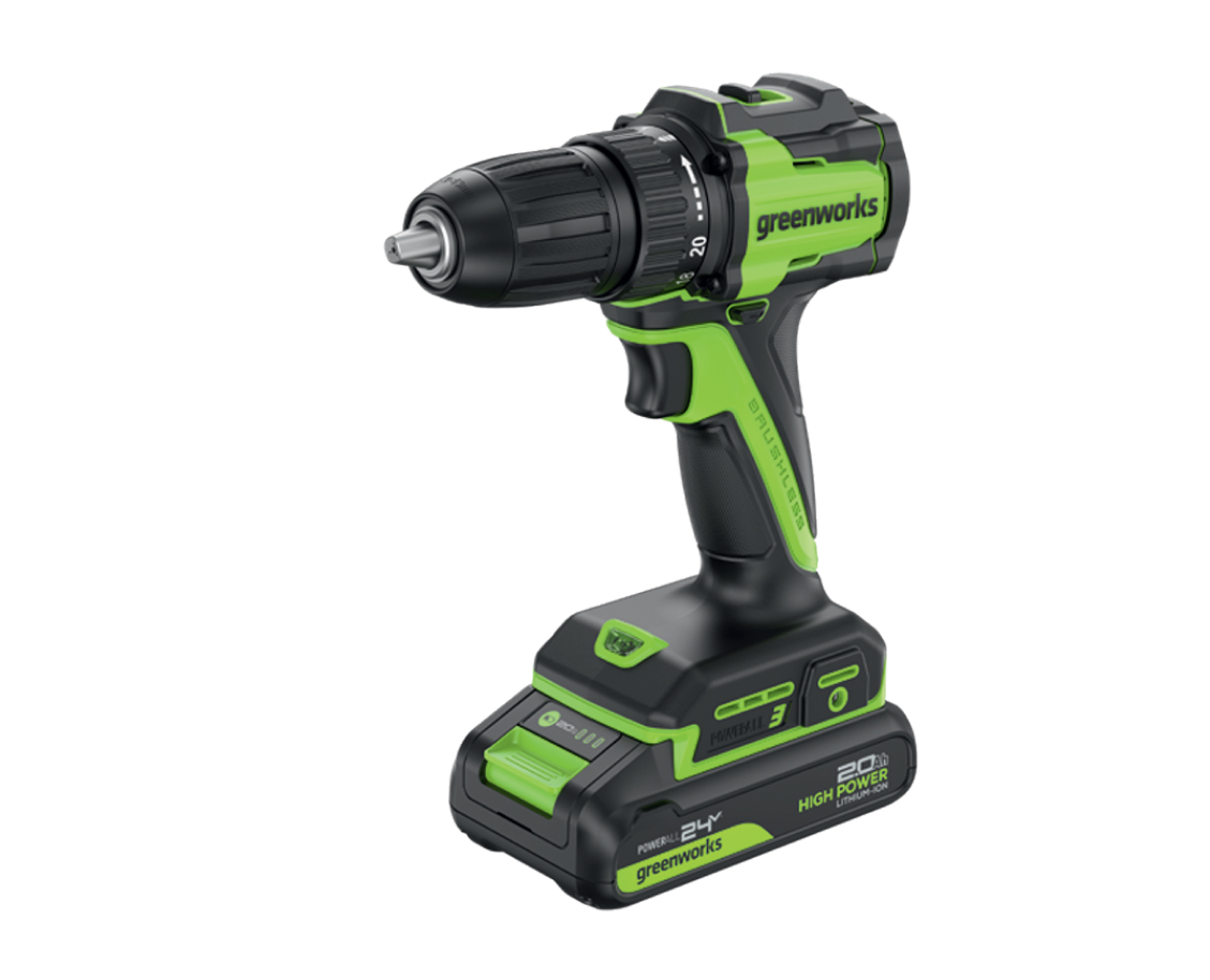 Изображение товара Дрель-шуруповерт аккумуляторная бесщеточная Greenworks DD345, 24 В Li-Ion 2x2.0 Ач