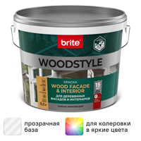 Изображение товара Краска для деревянных фасадов Brite Woodstyle Prof моющаяся матовая цвет прозрачный база С 9 л