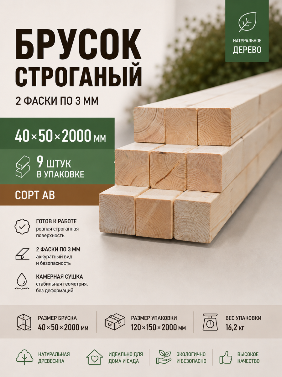 Изображение товара Брусок строганый 2000x50x40мм ель сорт AB 9шт Изображение товара Брусок строганый 2000x50x40мм ель сорт AB 9шт