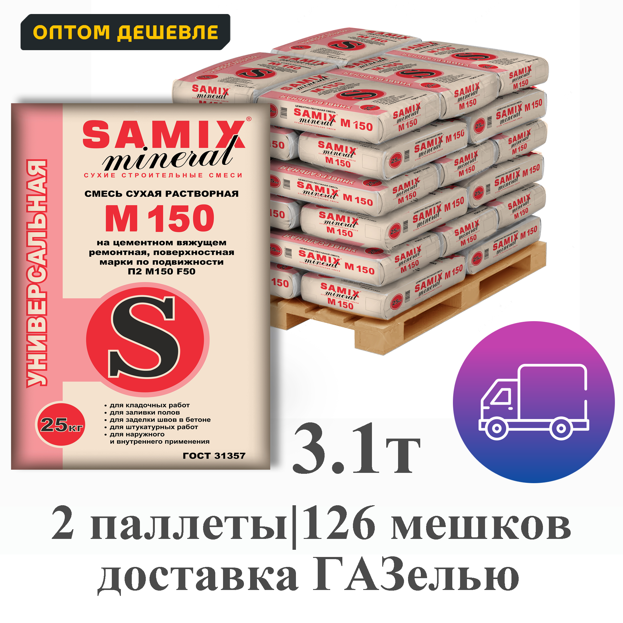 Изображение товара Цементно-песчаная смесь Samix M150 комплект 25кг x 126шт доставка без выгрузки Изображение товара Цементно-песчаная смесь Samix M150 комплект 25кг x 126шт доставка без выгрузки