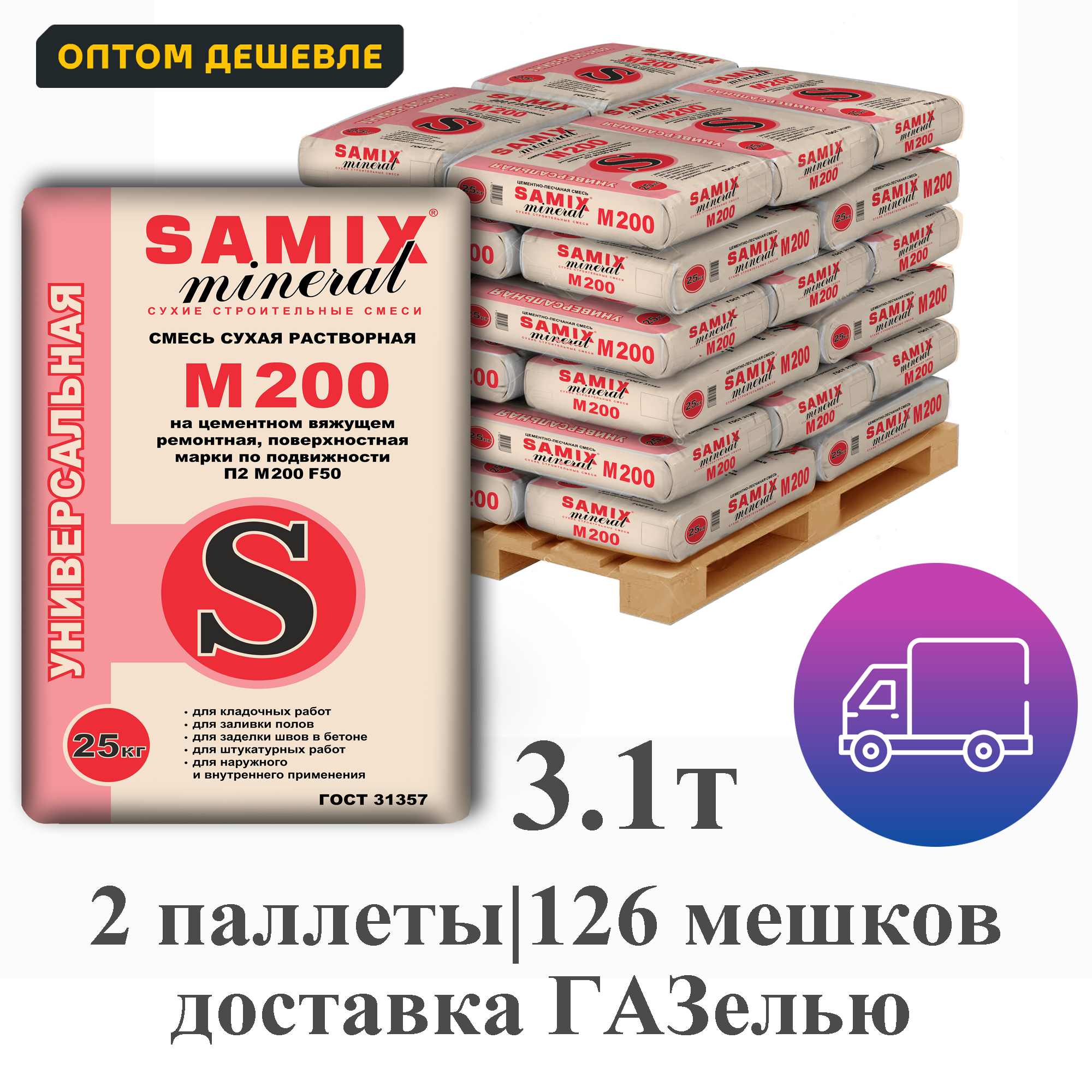 Изображение товара Цементно-песчаная смесь Samix M200 комплект 25кг x 126шт доставка без выгрузки Изображение товара Цементно-песчаная смесь Samix M200 комплект 25кг x 126шт доставка без выгрузки