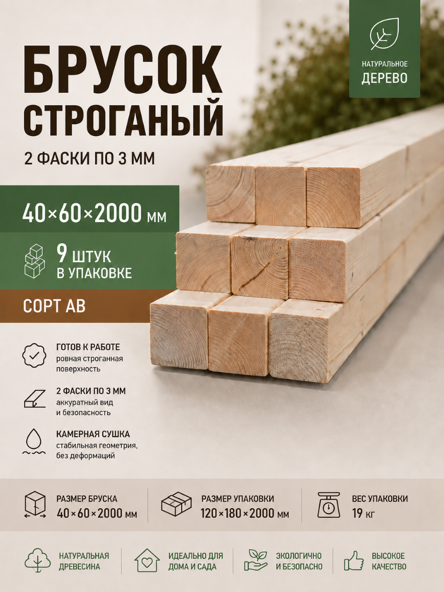 Изображение товара Брусок строганый 2 Фаски 3мм 2000x40x60мм ель сорт AB 9шт Изображение товара Брусок строганый 2 Фаски 3мм 2000x40x60мм ель сорт AB 9шт