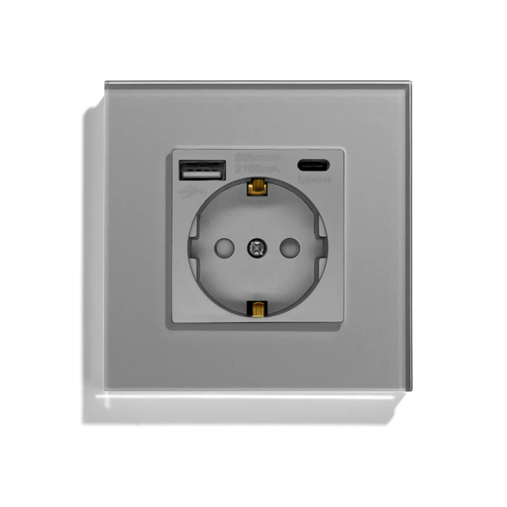 Изображение товара Розетка USB-A/USB-C встраиваемая Vell GY1P-EUAC с заземлением/стеклянная рамка цвет серый Изображение товара Розетка USB-A/USB-C встраиваемая Vell GY1P-EUAC с заземлением/стеклянная рамка цвет серый
