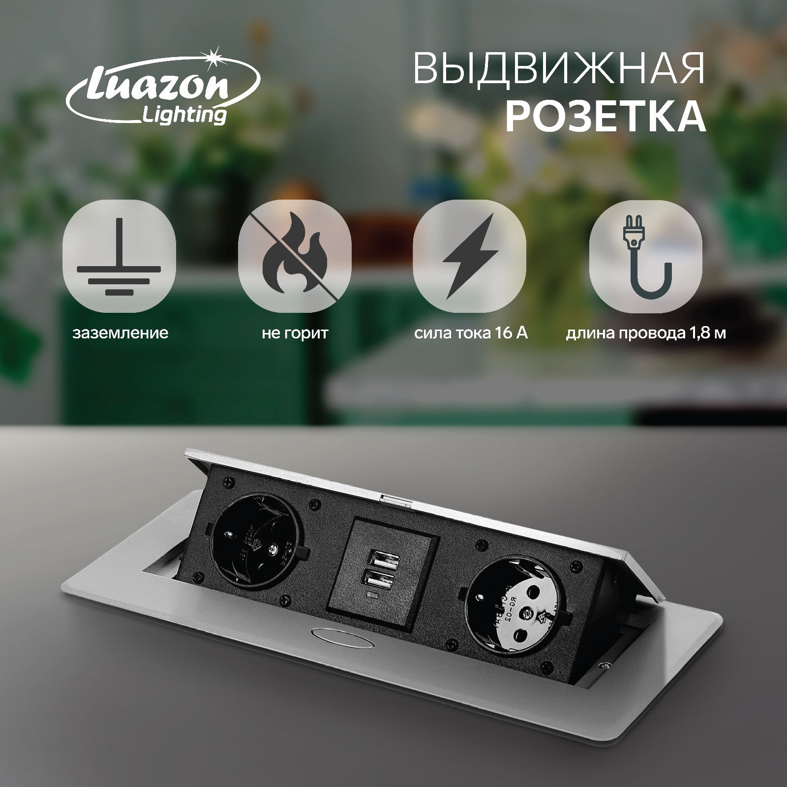Изображение товара Розетка встраиваемая выдвижная двухместная с заземлением Luazon Lighting 2xUSB серебристая 5470184