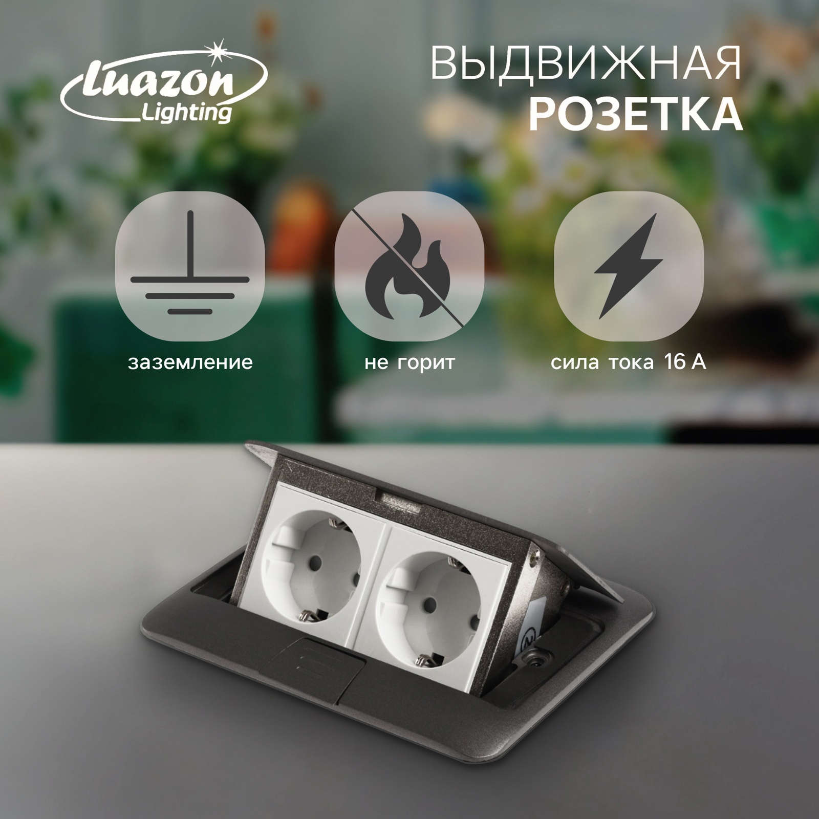 Изображение товара Розетка выдвижная Luazon Lighting 16 А двухместная цвет серый 10713134