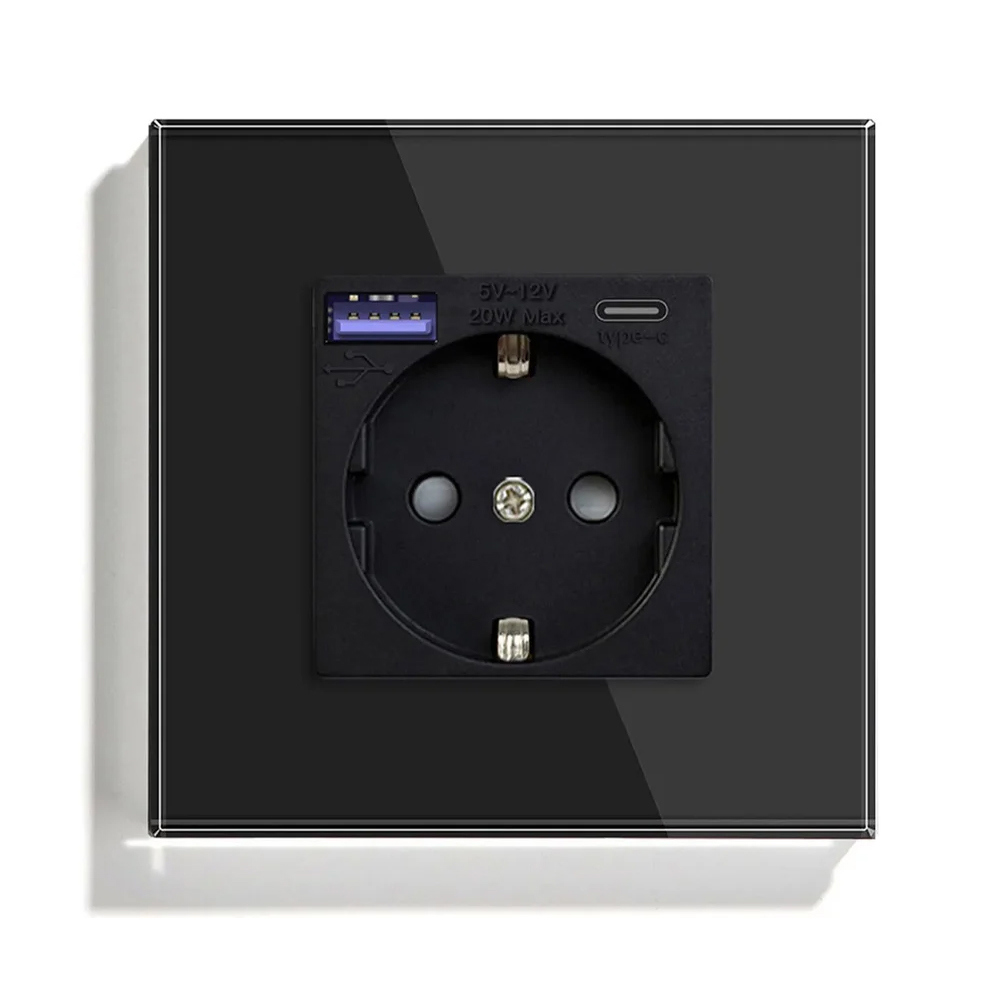 Изображение товара Розетка USB-A/USB-C встраиваемая Vell BK1P-EUACF с заземлением/стеклянная рамка цвет черный