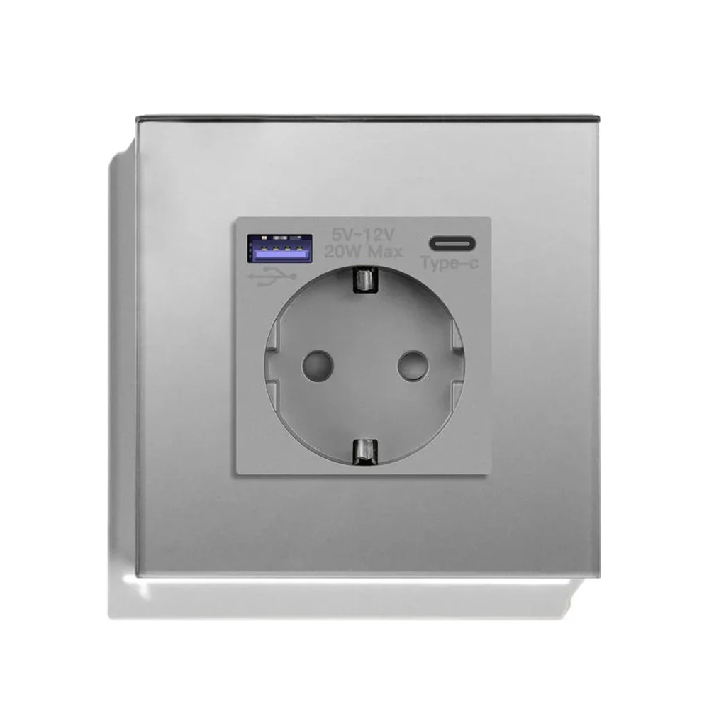 Изображение товара Розетка USB-A/USB-C встраиваемая Vell GY1P-EUACF с заземлением/стеклянная рамка цвет серый