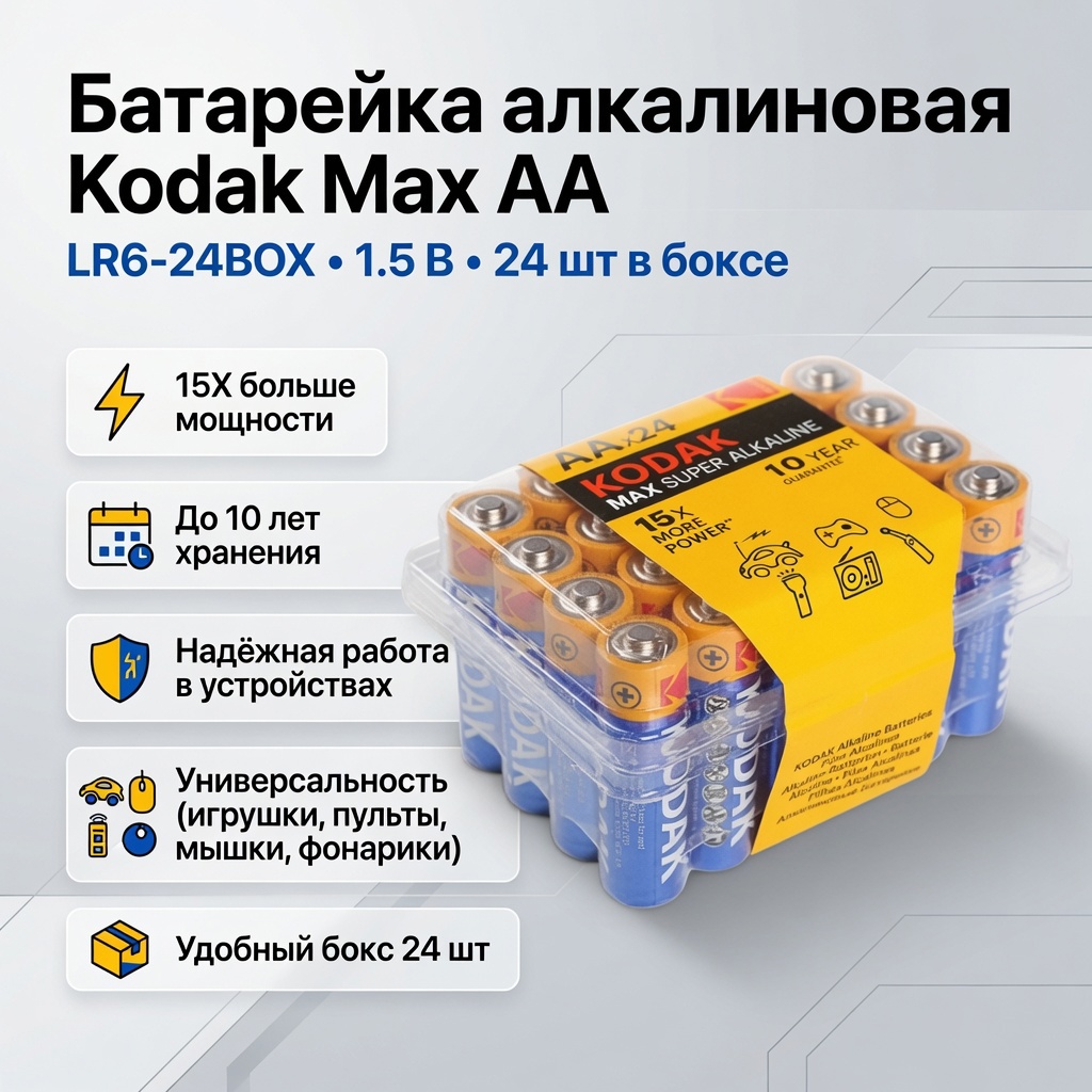 Изображение товара Батарейка алкалиновая Kodak Max AA LR6-24BOX 1.5В бокс 24 шт 2478480