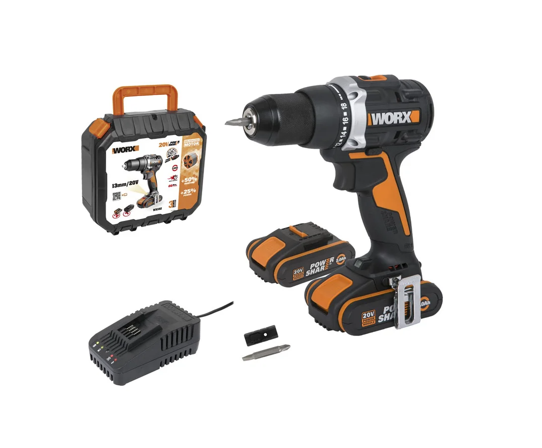 Изображение товара Дрель-шуруповерт аккумуляторная бесщеточная Worx Wx102, 20 В Li-Ion 2x2 Ач Изображение товара Дрель-шуруповерт аккумуляторная бесщеточная Worx Wx102, 20 В Li-Ion 2x2 Ач