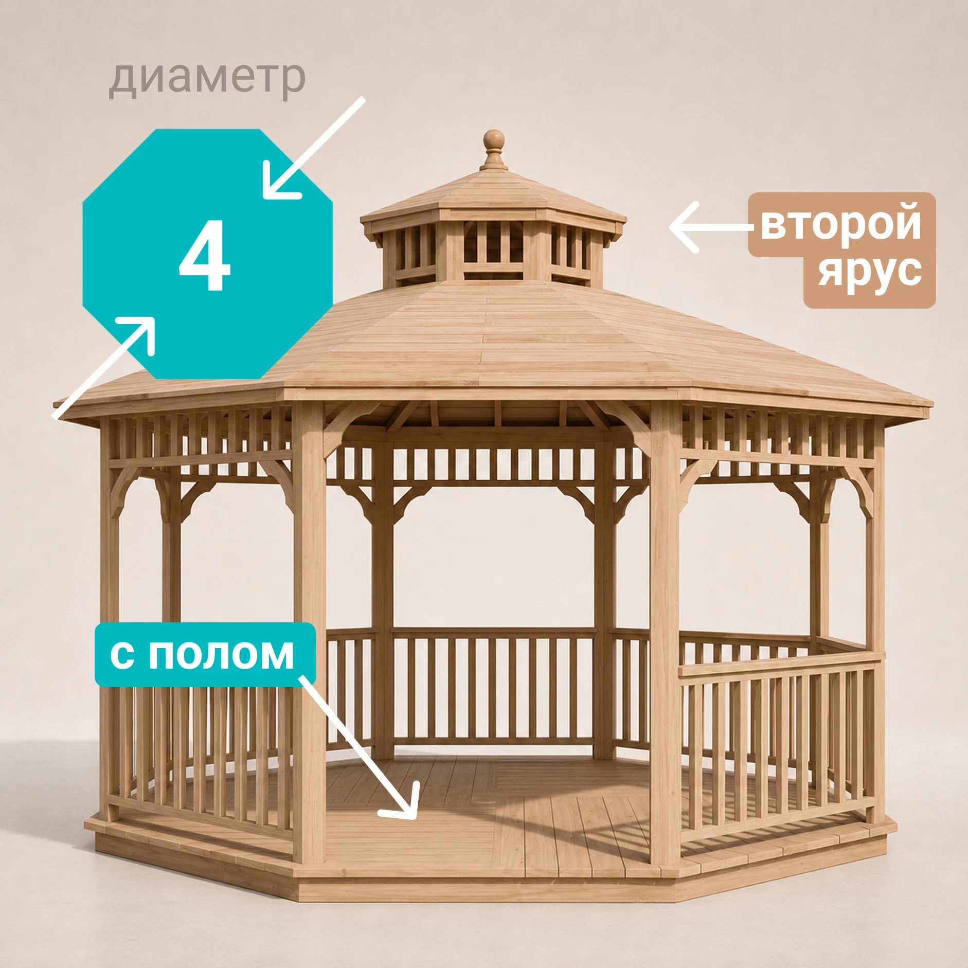 Изображение товара Беседка садовая Виктория 4 м x 4 м x 3.36 м натуральное дерево