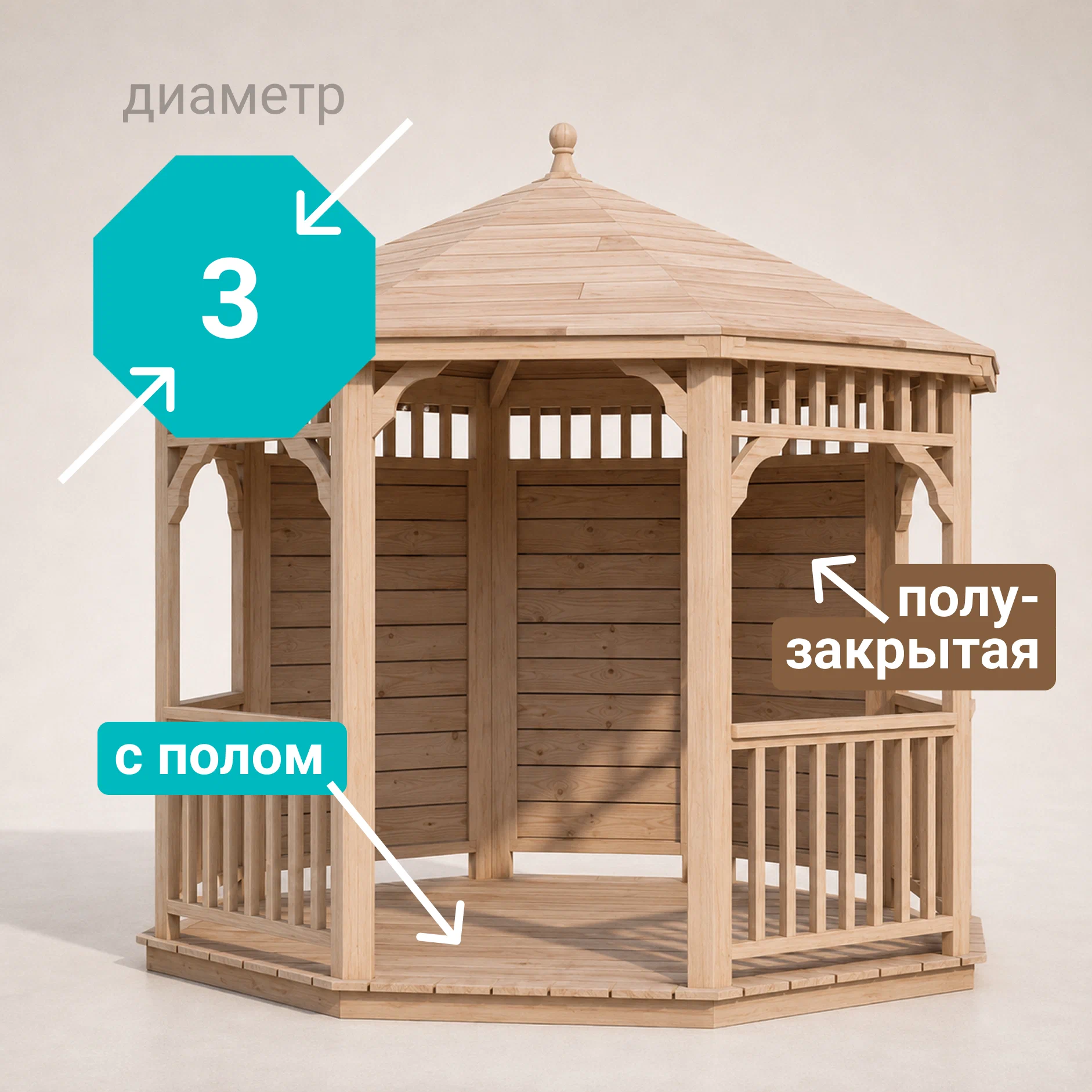 Изображение товара Беседка садовая Виктория 3 м x 3 м x 2.8 м натуральное дерево