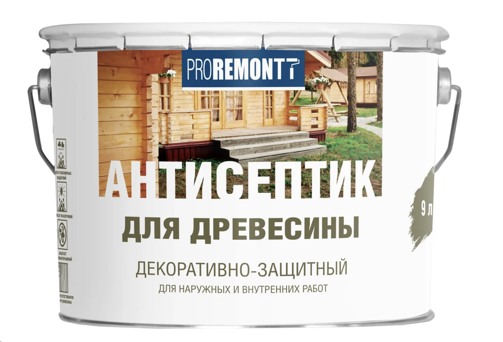 Изображение товара Защитно-декоративный антисептик лессирующий фактуру Proremont матовый цвет тик 9 л Изображение товара Защитно-декоративный антисептик лессирующий фактуру Proremont матовый цвет тик 9 л