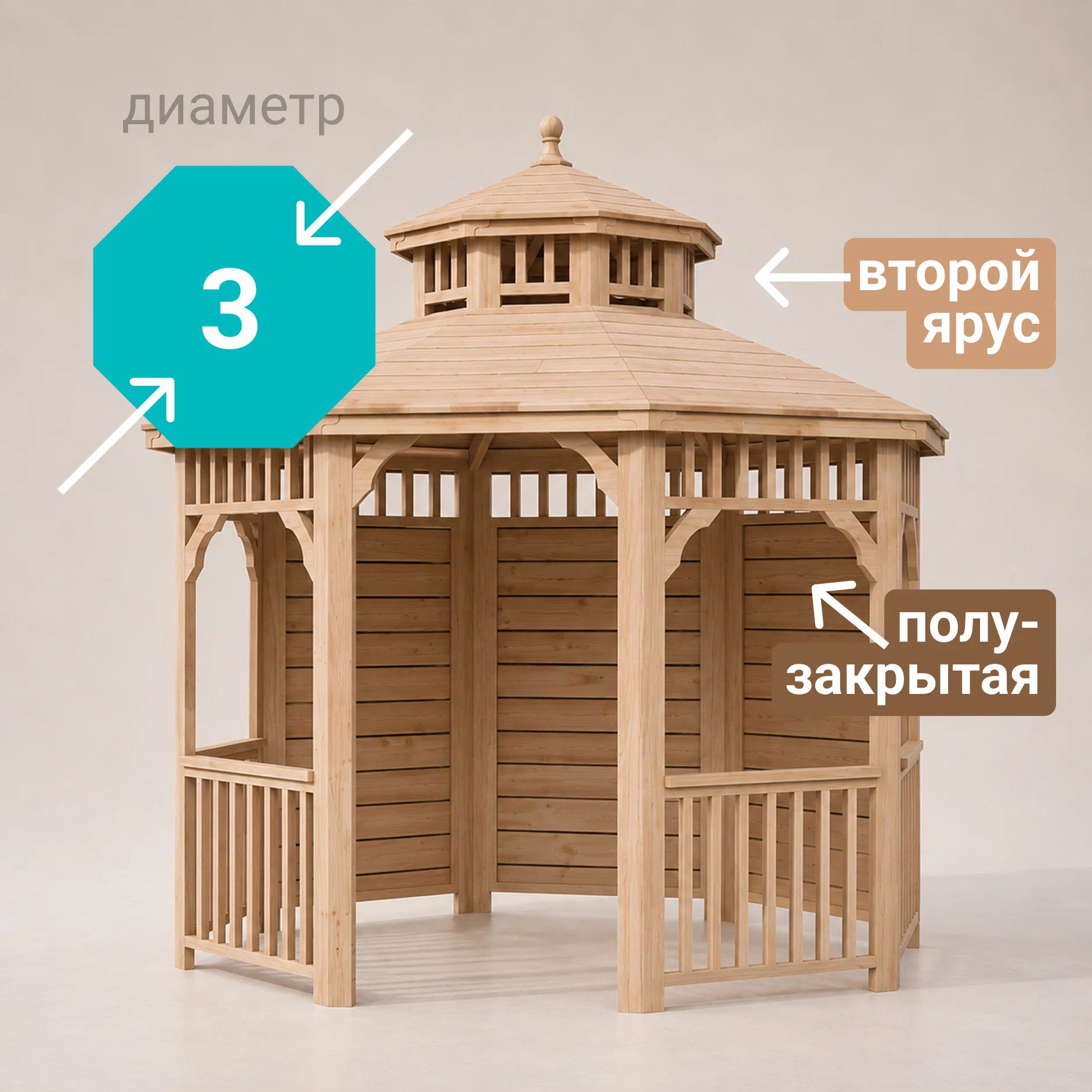 Изображение товара Беседка садовая Виктория 3 м x 3 м x 2.8 м натуральное дерево