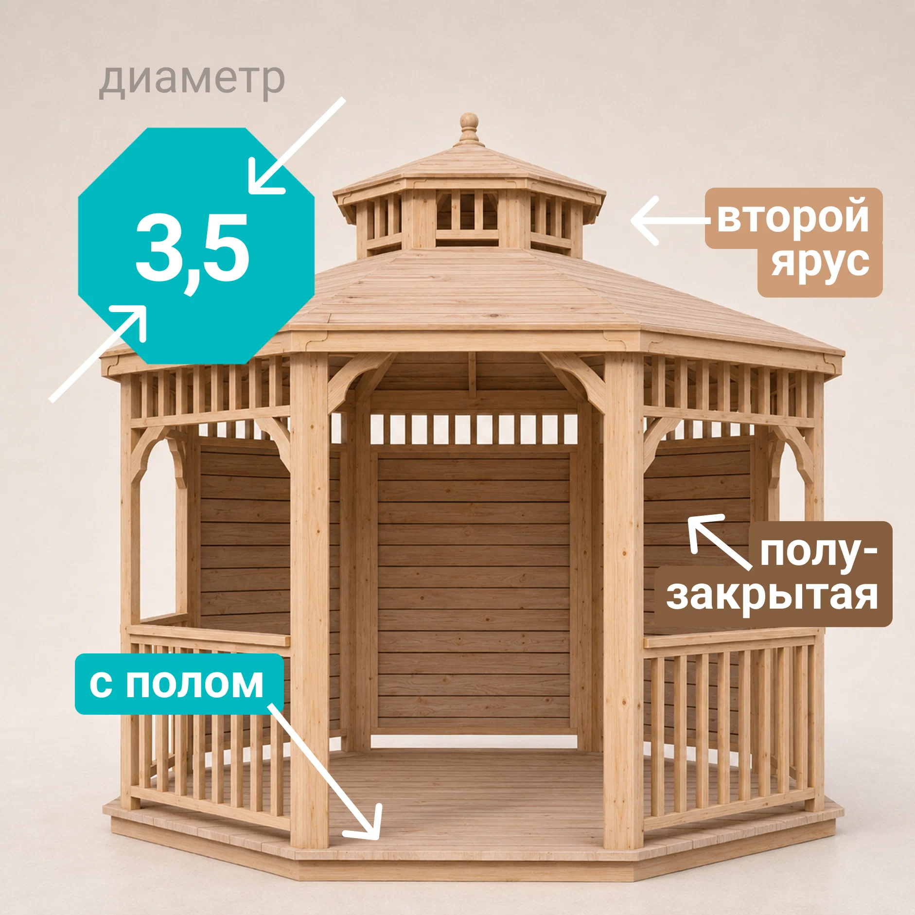 Изображение товара Беседка садовая Виктория 3.5 м x 3.5 м x 2.9 м натуральное дерево
