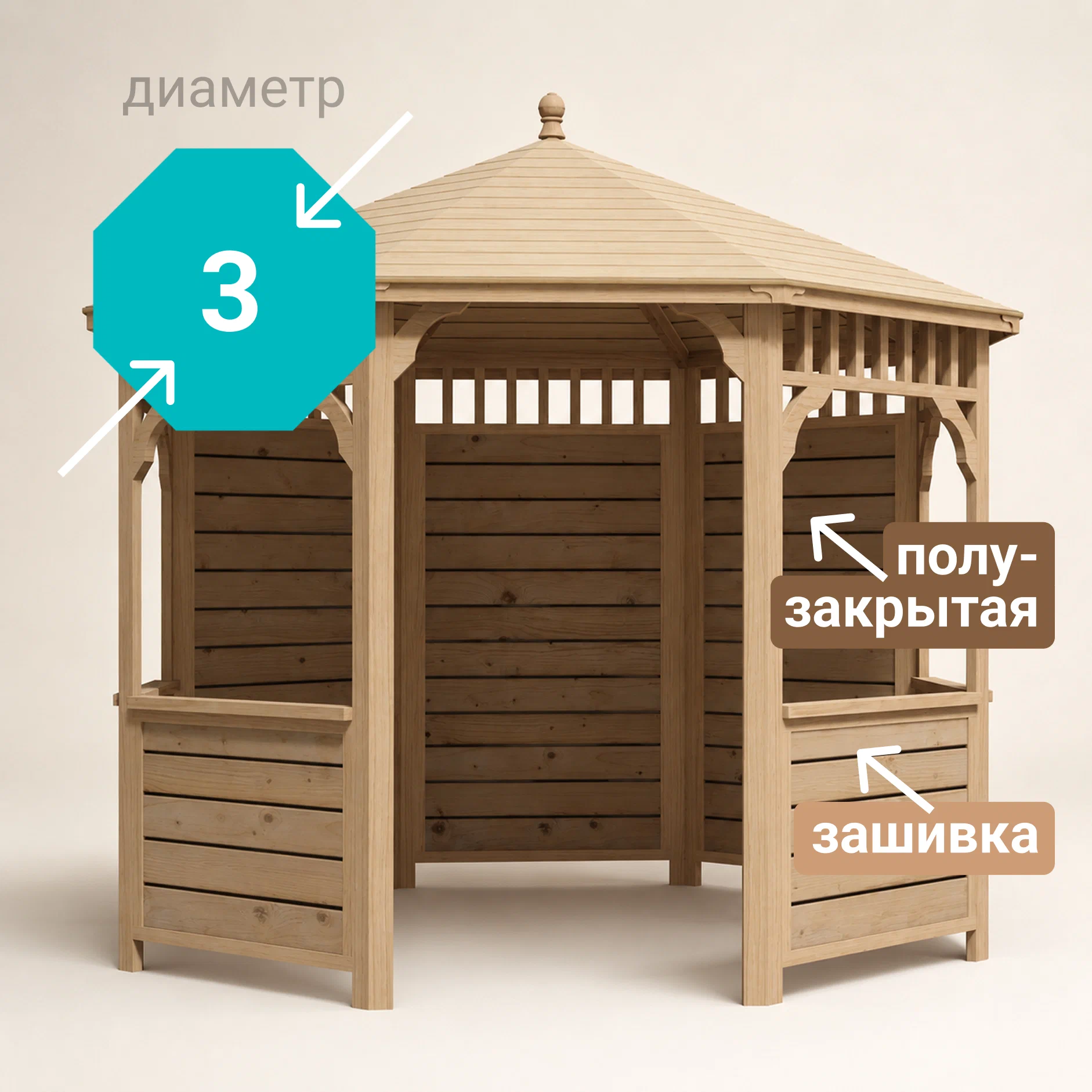 Изображение товара Беседка садовая Виктория 3 м x 3 м x 2.77 м натуральное дерево