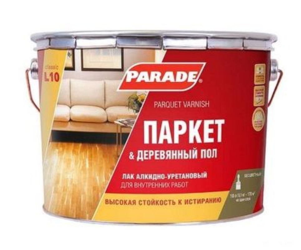 Изображение товара Лак паркетный алкидно-уретановый PARADE L10 Паркет & Деревянный пол П/мат 10л Изображение товара Лак паркетный алкидно-уретановый PARADE L10 Паркет & Деревянный пол П/мат 10л