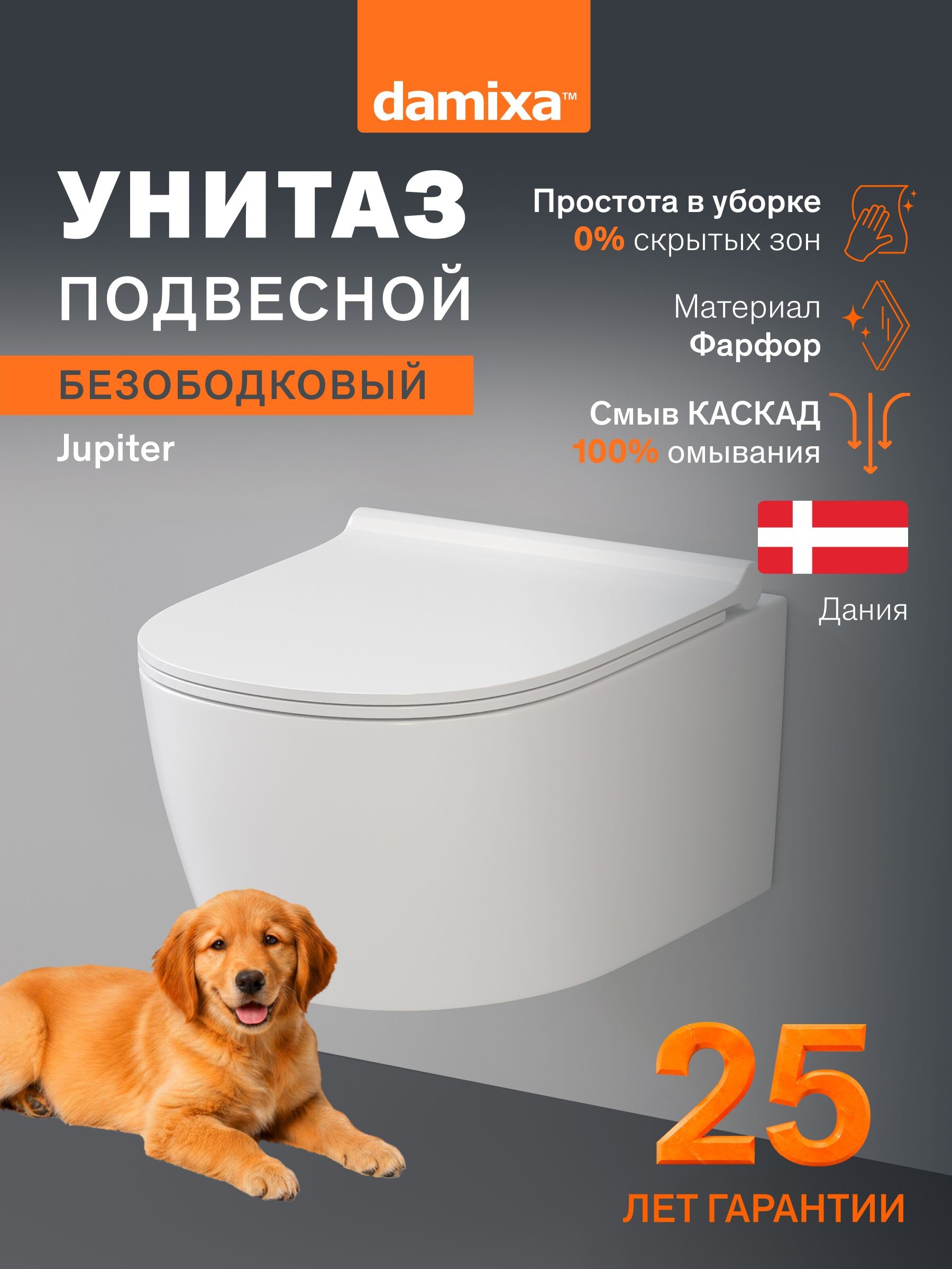 Изображение товара Унитаз подвесной Damixa Jupiter DX77C1700SC безободковый Изображение товара Унитаз подвесной Damixa Jupiter DX77C1700SC безободковый