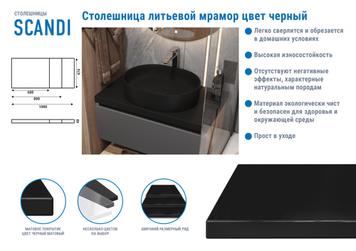 Столешница для ванной Scandi SC-60MC 60x4x47 см, искусственный камень, цвет матовый черный - фото 3