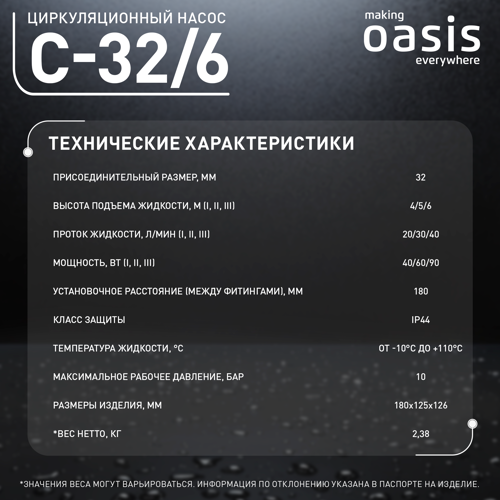 Циркуляционный насос Oasis 32/6 180 мм с гайками 1 1/4" - фото 15