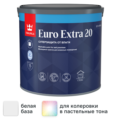 Краска для стен и потолков Tikkivala Euro Extra полуматовая цвет белый база А 2.7 л - фото 2