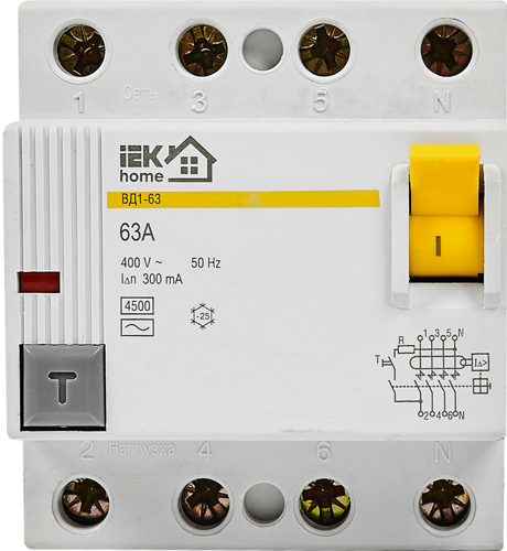 УЗО Iek Home ВД1-63 1P N 63 A 300 мА 4.5 кА AC MDV10-2-063-300 - фото 3