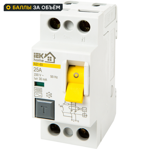 УЗО IEK Home ВД1-63 1P N 25 А 30 мА 4.5 кА AC MDV10-2-025-030