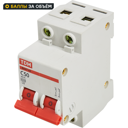 Автоматический выключатель TDM Electric ВА47-63 2P C50 А 4.5 кА SQ0218-0015