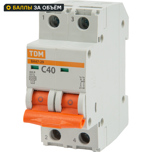 Автоматический выключатель TDM Electric ВА47-29 2P C40 А 4.5 кА SQ0206-0097