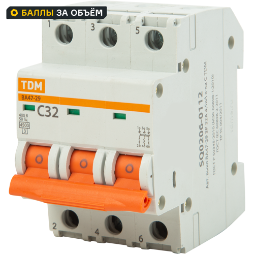 Автоматический выключатель TDM Electric ВА47-29 3P C32 А 4.5 кА SQ0206-0112