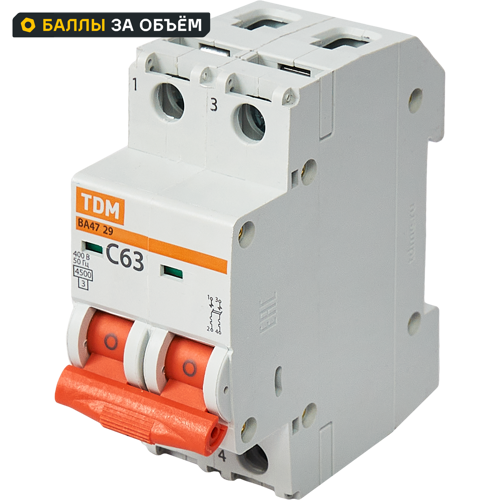 Автоматический выключатель Tdm Electric ВА47-29 2P C63 А 6 кА SQ0206-0099
