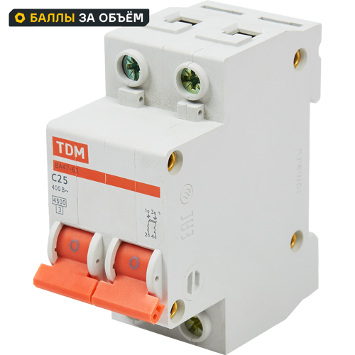 Автоматический выключатель TDM Electric ВА47-63 2P C25 А 4.5 кА SQ0218-0012