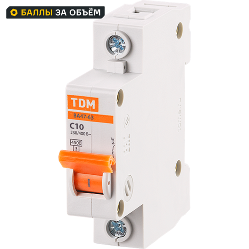 Автоматический выключатель TDM Electric ВА47-63 1P C10 А 4.5 кА SQ0218-0002