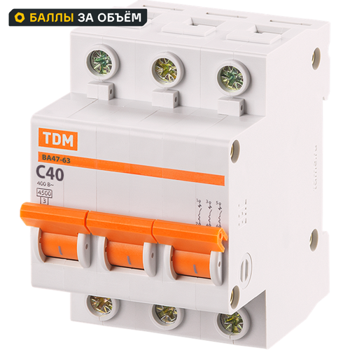 Автоматический выключатель TDM Electric ВА47-63 3P C40 А 4.5 кА SQ0218-0023
