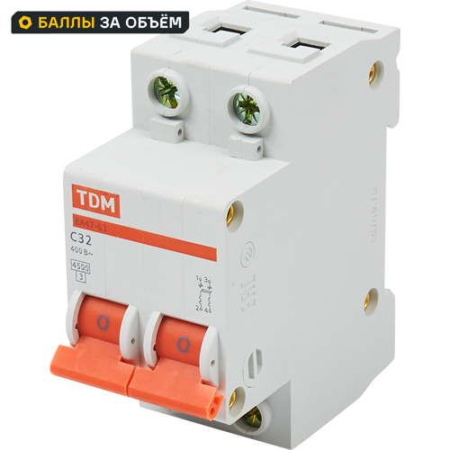 Автоматический выключатель TDM Electric ВА47-63 2P C32 А 4.5 кА SQ0218-0013