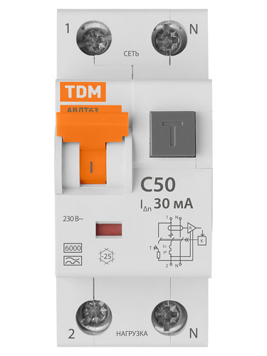 Дифференциальный автомат TDM Electric 63 2P N C50 А 30 мА 6 кА А - фото 3