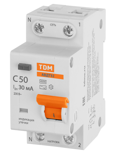 Дифференциальный автомат TDM Electric 32 2P N C50 А 30 мА 4.5 кА АС - фото 2