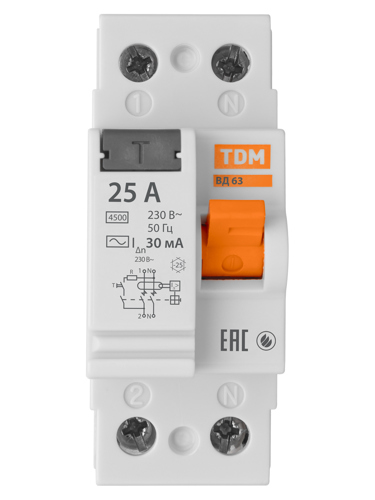 УЗО TDM Electric ВД-63 2Р 25 А 30 мА 4.5 кА AC - фото 3