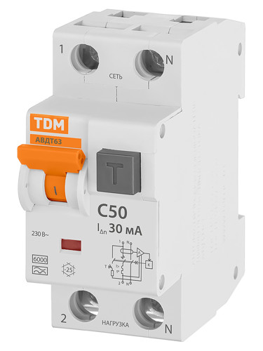 Дифференциальный автомат TDM Electric 63 2P N C50 А 30 мА 6 кА А - фото 2