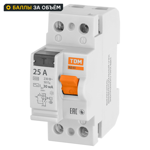 УЗО TDM Electric ВД-63 2Р 25 А 30 мА 4.5 кА AC