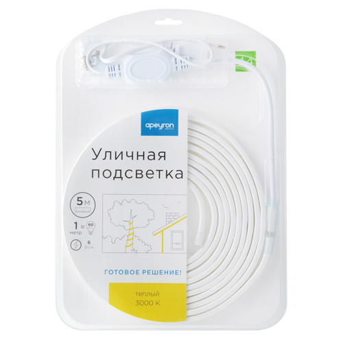 Комплект светодиодной ленты Apeyron SMD2835 220В 10 мм 5м 6 Вт/м 60диод/м 600 лм/м IP65 3000 К теплый белый свет - фото 9